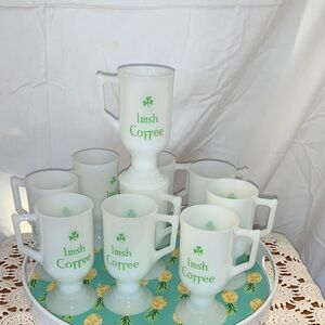 Vintage Irish Coffee Mug white milk glass pedestal-set of 10 W green chamrocks